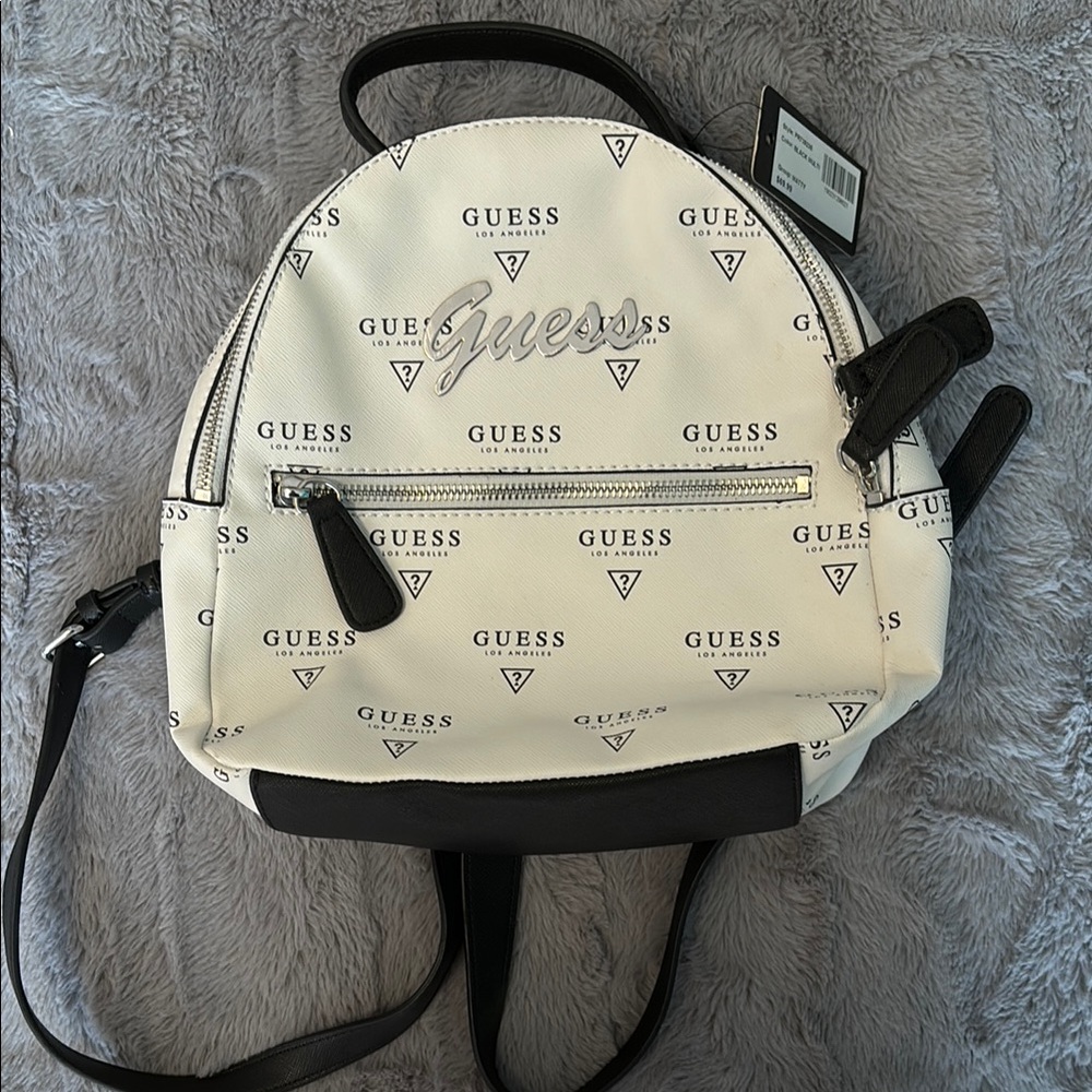 Guess White Backpack with Black Accents and Logo Pattern
